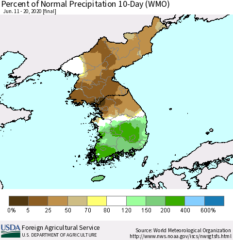 Korea Percent of Normal Precipitation 10-Day (WMO) Thematic Map For 6/11/2020 - 6/20/2020