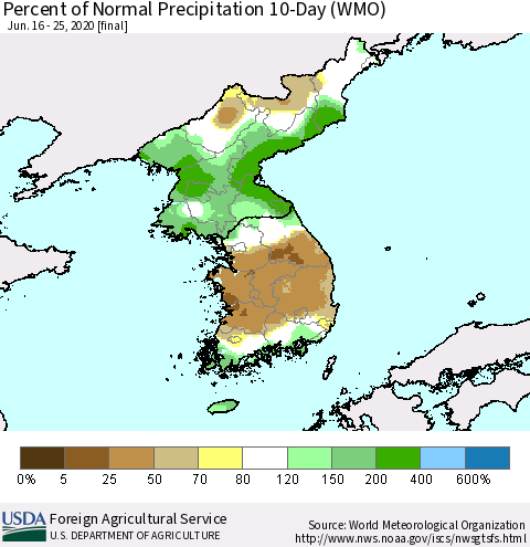 Korea Percent of Normal Precipitation 10-Day (WMO) Thematic Map For 6/16/2020 - 6/25/2020