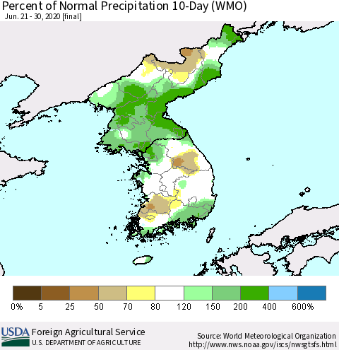 Korea Percent of Normal Precipitation 10-Day (WMO) Thematic Map For 6/21/2020 - 6/30/2020