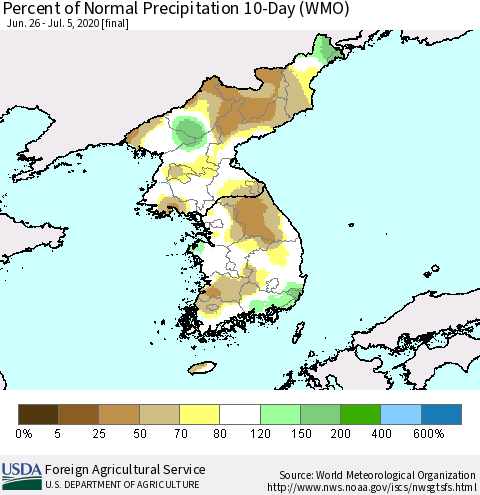 Korea Percent of Normal Precipitation 10-Day (WMO) Thematic Map For 6/26/2020 - 7/5/2020