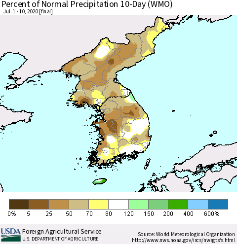 Korea Percent of Normal Precipitation 10-Day (WMO) Thematic Map For 7/1/2020 - 7/10/2020