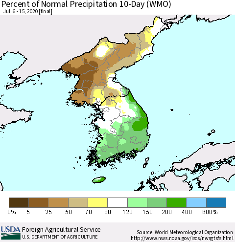 Korea Percent of Normal Precipitation 10-Day (WMO) Thematic Map For 7/6/2020 - 7/15/2020