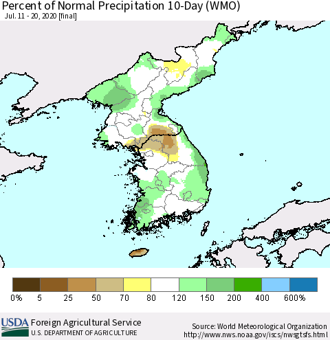 Korea Percent of Normal Precipitation 10-Day (WMO) Thematic Map For 7/11/2020 - 7/20/2020
