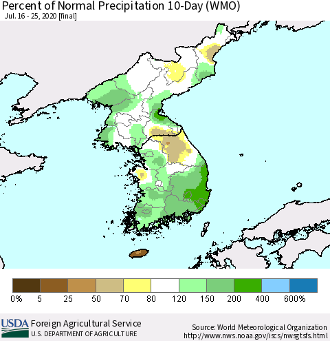 Korea Percent of Normal Precipitation 10-Day (WMO) Thematic Map For 7/16/2020 - 7/25/2020