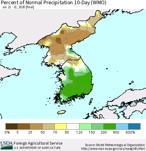 Korea Percent of Normal Precipitation 10-Day (WMO) Thematic Map For 7/21/2020 - 7/31/2020