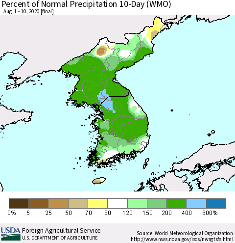 Korea Percent of Normal Precipitation 10-Day (WMO) Thematic Map For 8/1/2020 - 8/10/2020