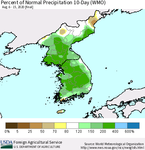 Korea Percent of Normal Precipitation 10-Day (WMO) Thematic Map For 8/6/2020 - 8/15/2020