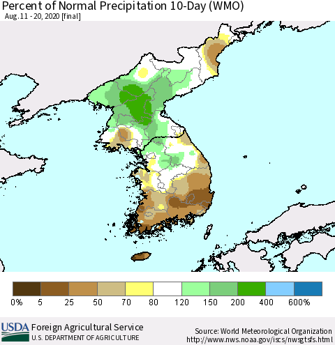 Korea Percent of Normal Precipitation 10-Day (WMO) Thematic Map For 8/11/2020 - 8/20/2020