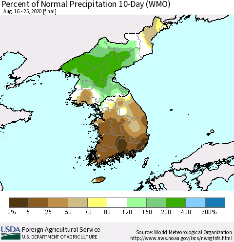 Korea Percent of Normal Precipitation 10-Day (WMO) Thematic Map For 8/16/2020 - 8/25/2020