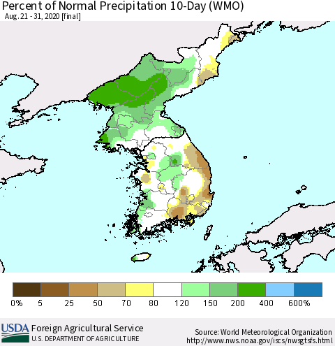 Korea Percent of Normal Precipitation 10-Day (WMO) Thematic Map For 8/21/2020 - 8/31/2020