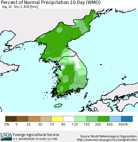 Korea Percent of Normal Precipitation 10-Day (WMO) Thematic Map For 8/26/2020 - 9/5/2020