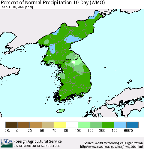 Korea Percent of Normal Precipitation 10-Day (WMO) Thematic Map For 9/1/2020 - 9/10/2020