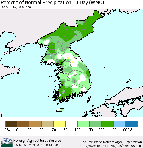 Korea Percent of Normal Precipitation 10-Day (WMO) Thematic Map For 9/6/2020 - 9/15/2020