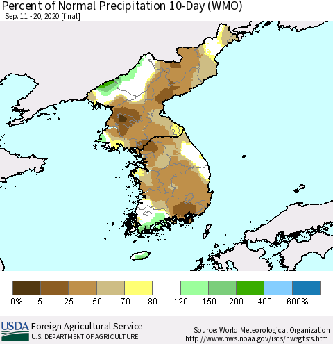 Korea Percent of Normal Precipitation 10-Day (WMO) Thematic Map For 9/11/2020 - 9/20/2020
