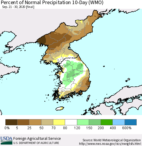 Korea Percent of Normal Precipitation 10-Day (WMO) Thematic Map For 9/21/2020 - 9/30/2020