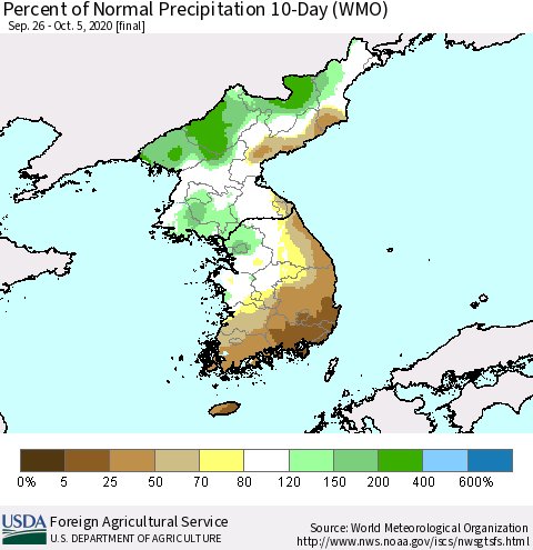 Korea Percent of Normal Precipitation 10-Day (WMO) Thematic Map For 9/26/2020 - 10/5/2020
