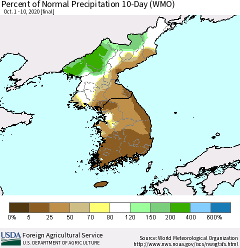 Korea Percent of Normal Precipitation 10-Day (WMO) Thematic Map For 10/1/2020 - 10/10/2020