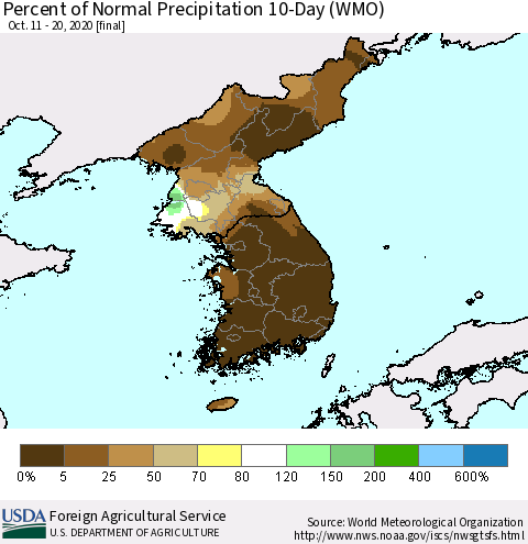 Korea Percent of Normal Precipitation 10-Day (WMO) Thematic Map For 10/11/2020 - 10/20/2020