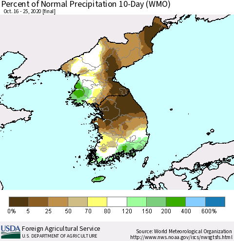 Korea Percent of Normal Precipitation 10-Day (WMO) Thematic Map For 10/16/2020 - 10/25/2020