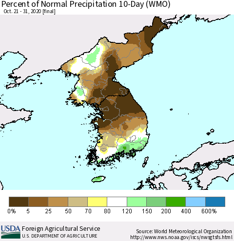 Korea Percent of Normal Precipitation 10-Day (WMO) Thematic Map For 10/21/2020 - 10/31/2020