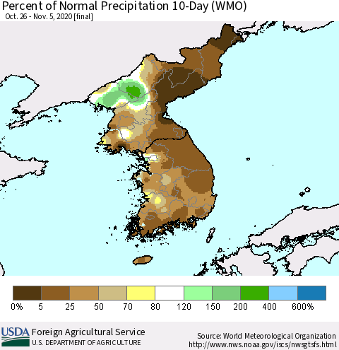 Korea Percent of Normal Precipitation 10-Day (WMO) Thematic Map For 10/26/2020 - 11/5/2020