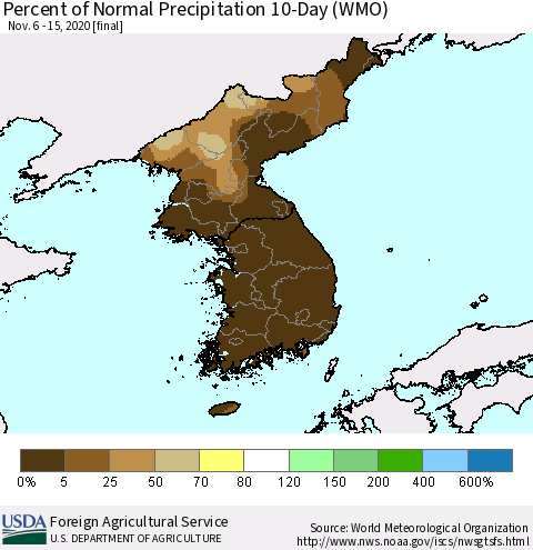 Korea Percent of Normal Precipitation 10-Day (WMO) Thematic Map For 11/6/2020 - 11/15/2020
