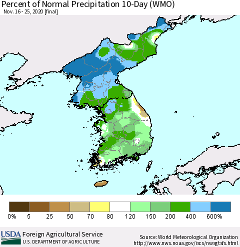 Korea Percent of Normal Precipitation 10-Day (WMO) Thematic Map For 11/16/2020 - 11/25/2020