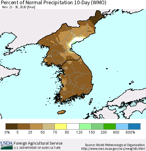 Korea Percent of Normal Precipitation 10-Day (WMO) Thematic Map For 11/21/2020 - 11/30/2020