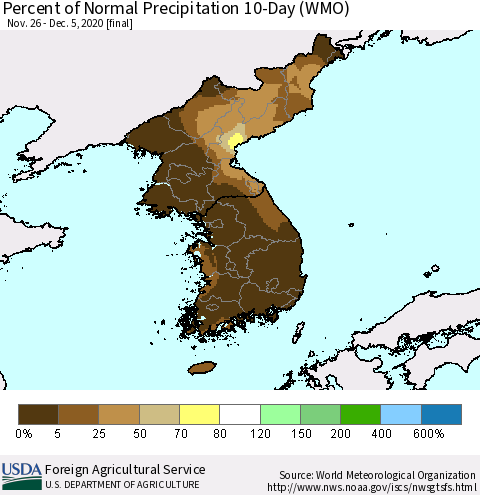 Korea Percent of Normal Precipitation 10-Day (WMO) Thematic Map For 11/26/2020 - 12/5/2020