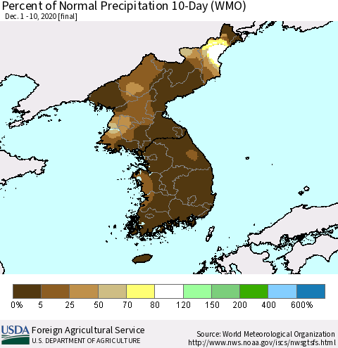 Korea Percent of Normal Precipitation 10-Day (WMO) Thematic Map For 12/1/2020 - 12/10/2020