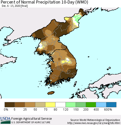 Korea Percent of Normal Precipitation 10-Day (WMO) Thematic Map For 12/6/2020 - 12/15/2020