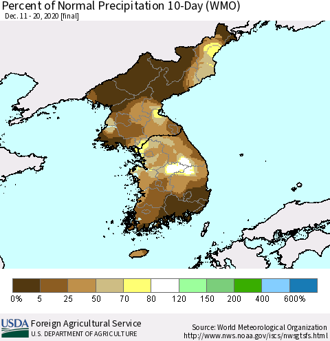 Korea Percent of Normal Precipitation 10-Day (WMO) Thematic Map For 12/11/2020 - 12/20/2020