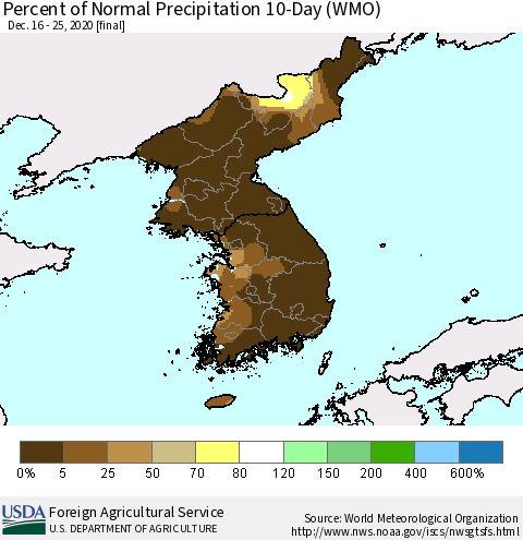Korea Percent of Normal Precipitation 10-Day (WMO) Thematic Map For 12/16/2020 - 12/25/2020