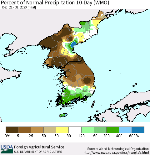 Korea Percent of Normal Precipitation 10-Day (WMO) Thematic Map For 12/21/2020 - 12/31/2020