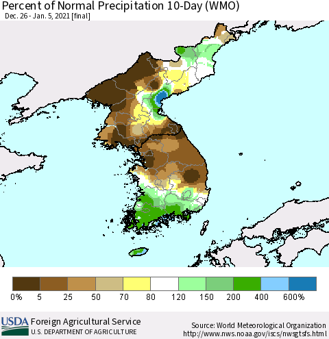 Korea Percent of Normal Precipitation 10-Day (WMO) Thematic Map For 12/26/2020 - 1/5/2021