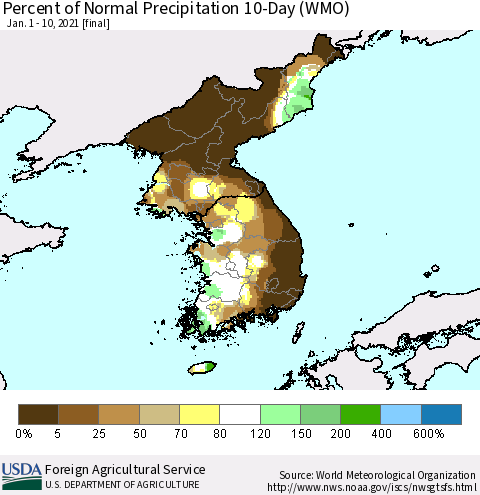 Korea Percent of Normal Precipitation 10-Day (WMO) Thematic Map For 1/1/2021 - 1/10/2021