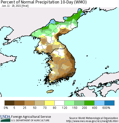 Korea Percent of Normal Precipitation 10-Day (WMO) Thematic Map For 1/11/2021 - 1/20/2021