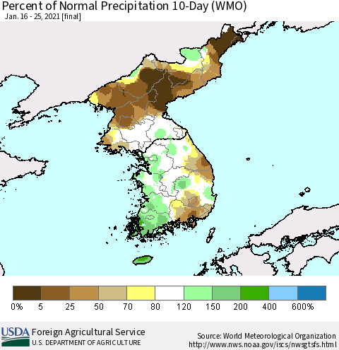 Korea Percent of Normal Precipitation 10-Day (WMO) Thematic Map For 1/16/2021 - 1/25/2021