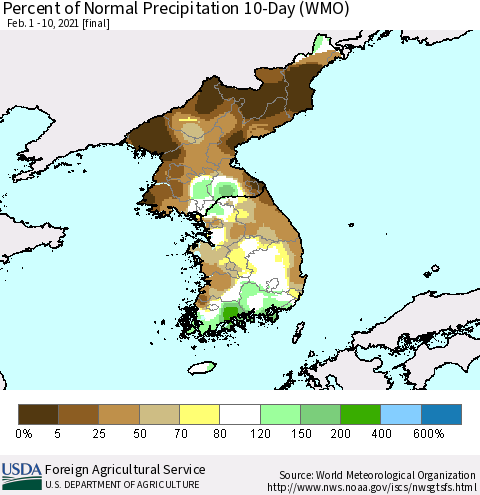 Korea Percent of Normal Precipitation 10-Day (WMO) Thematic Map For 2/1/2021 - 2/10/2021