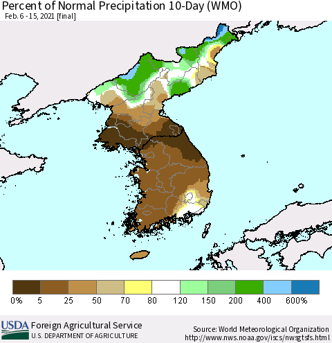 Korea Percent of Normal Precipitation 10-Day (WMO) Thematic Map For 2/6/2021 - 2/15/2021