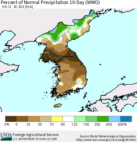 Korea Percent of Normal Precipitation 10-Day (WMO) Thematic Map For 2/11/2021 - 2/20/2021