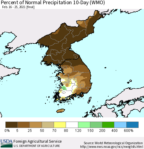 Korea Percent of Normal Precipitation 10-Day (WMO) Thematic Map For 2/16/2021 - 2/25/2021