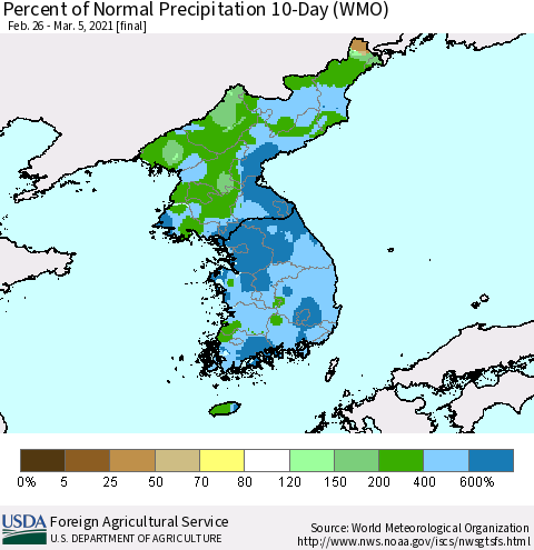 Korea Percent of Normal Precipitation 10-Day (WMO) Thematic Map For 2/26/2021 - 3/5/2021