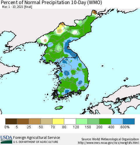 Korea Percent of Normal Precipitation 10-Day (WMO) Thematic Map For 3/1/2021 - 3/10/2021