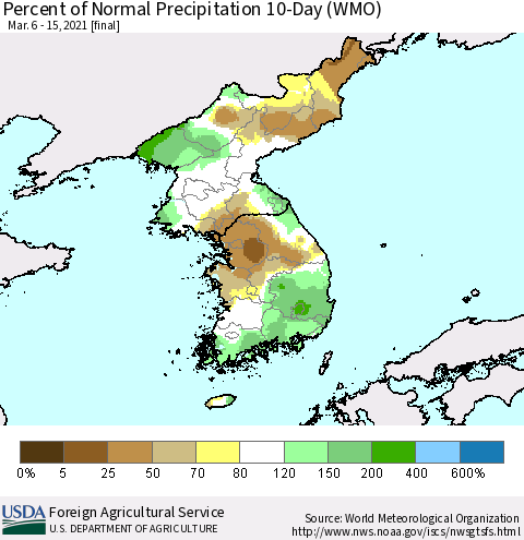 Korea Percent of Normal Precipitation 10-Day (WMO) Thematic Map For 3/6/2021 - 3/15/2021