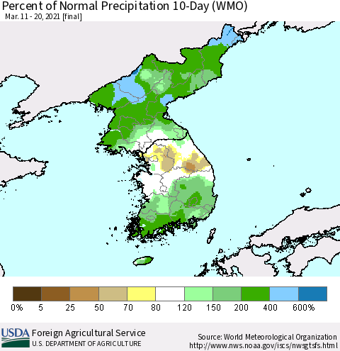 Korea Percent of Normal Precipitation 10-Day (WMO) Thematic Map For 3/11/2021 - 3/20/2021