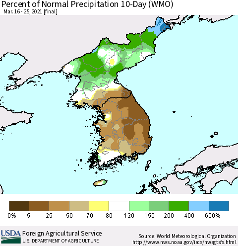 Korea Percent of Normal Precipitation 10-Day (WMO) Thematic Map For 3/16/2021 - 3/25/2021