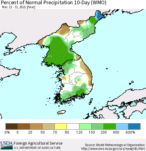 Korea Percent of Normal Precipitation 10-Day (WMO) Thematic Map For 3/21/2021 - 3/31/2021