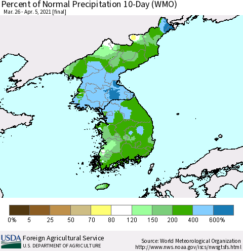Korea Percent of Normal Precipitation 10-Day (WMO) Thematic Map For 3/26/2021 - 4/5/2021