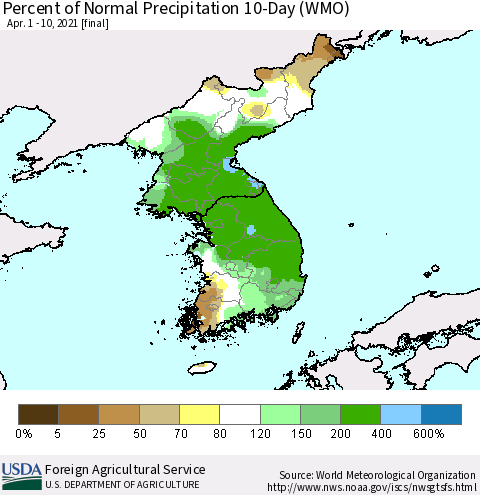 Korea Percent of Normal Precipitation 10-Day (WMO) Thematic Map For 4/1/2021 - 4/10/2021
